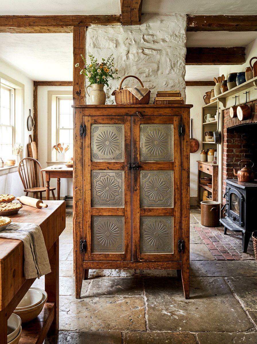 Farmhouse Wooden Pie Safe - 30 freestanding kitchen cabinet ideas