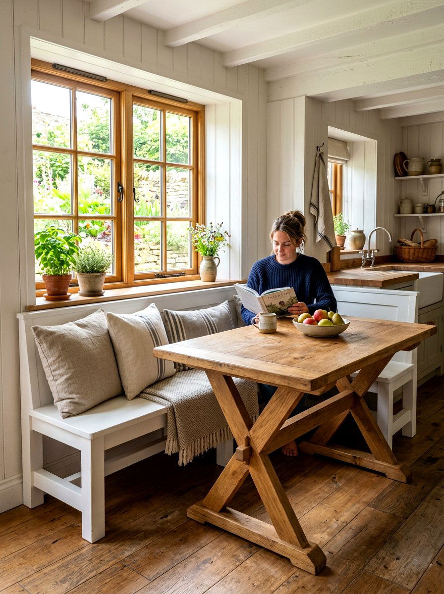 Farmhouse X Base Table Nook - 30 banquette window nook ideas