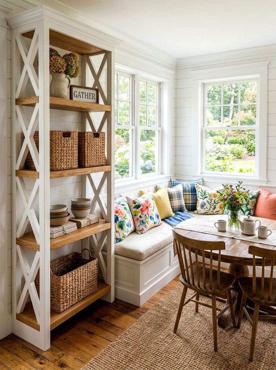 Farmhouse X Frame Corner Shelves - 30 breakfast corner shelves ideas