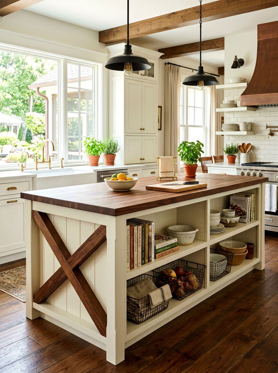 Farmhouse X frame island with shelves - 30 island bookshelf ideas