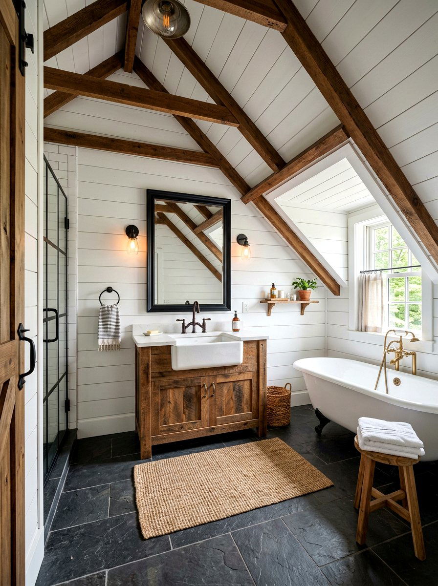 Farmhouse attic bathroom with shiplap - 30 attic bathroom ideas