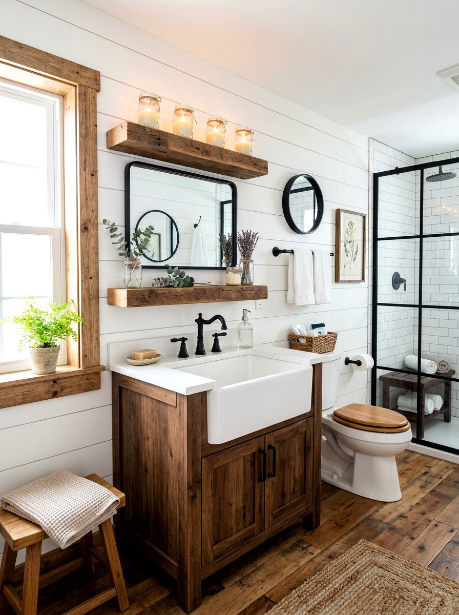 Farmhouse bathroom with mason jar candles - 30 candlelit bathroom ideas