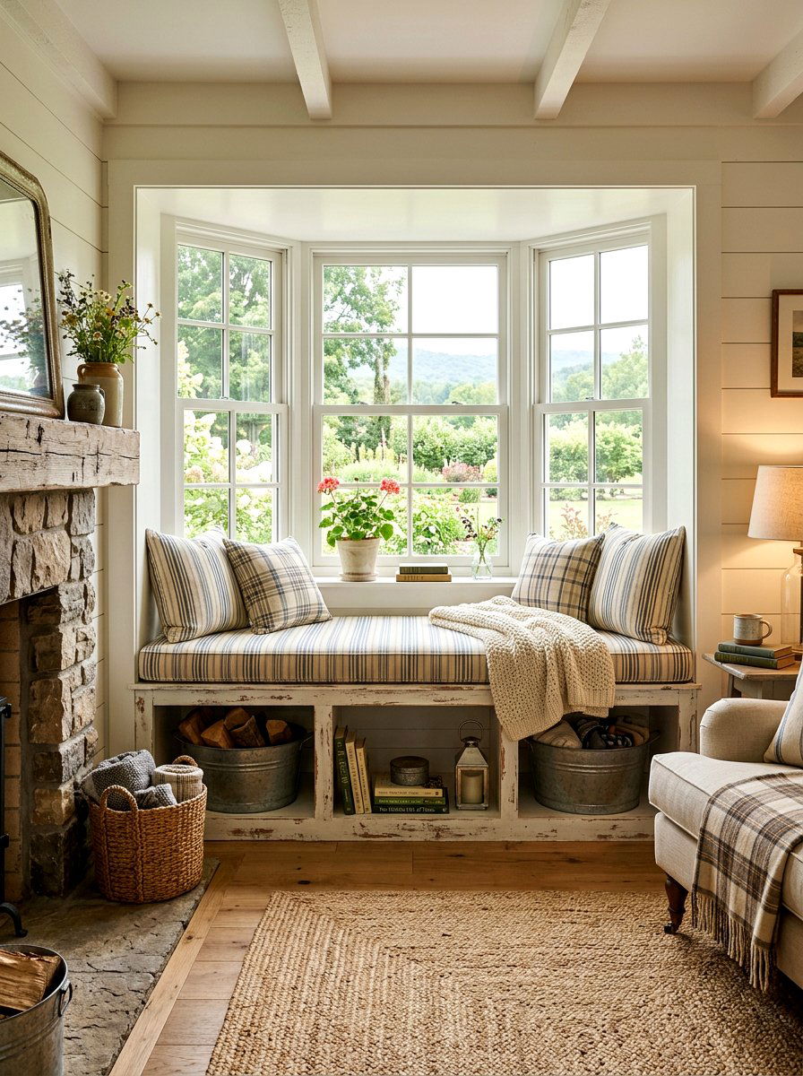 Farmhouse bay window bench - 30 bay window seating living room ideas