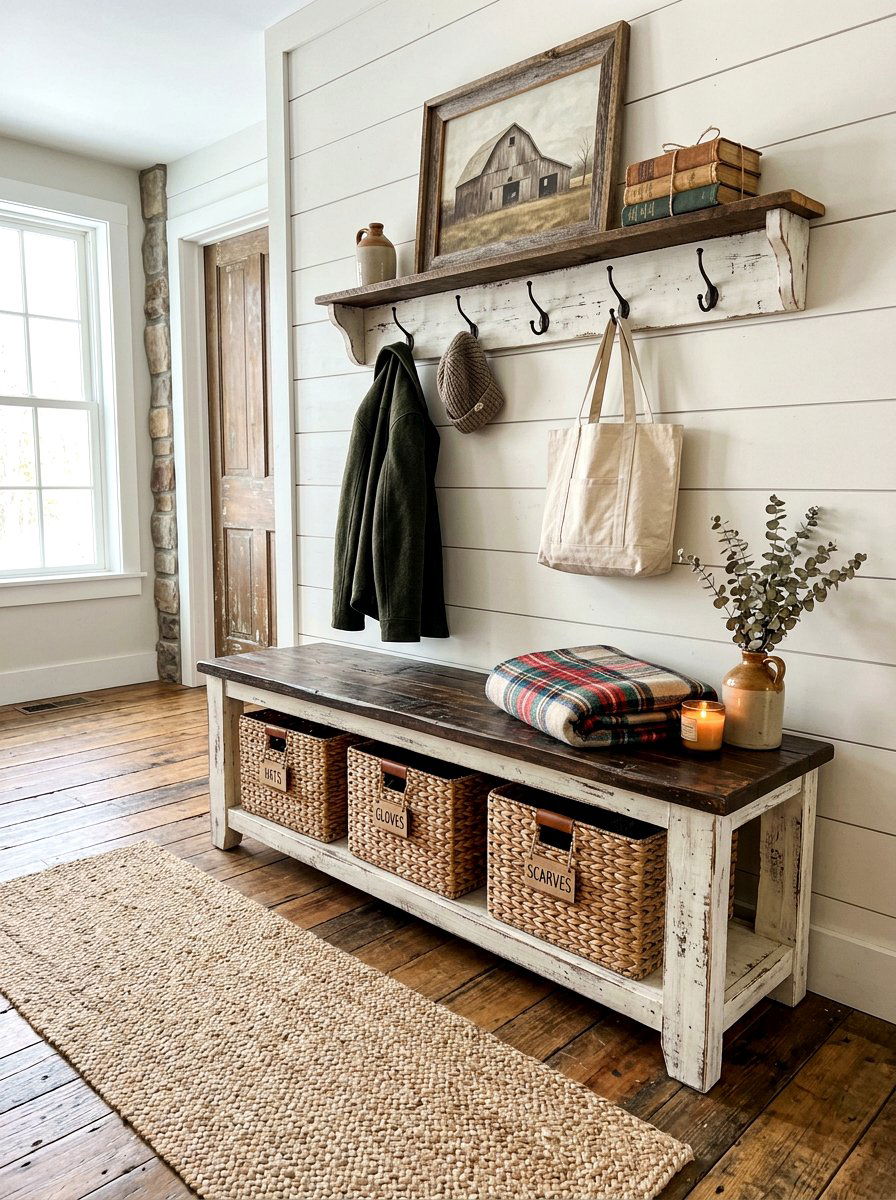Farmhouse bench shelf - 30 drop zone shelf ideas