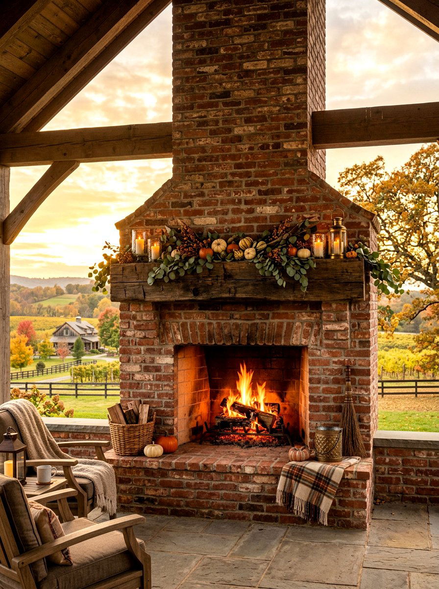 Farmhouse brick fireplace reclaimed wood beam - 30 brick outdoor fireplace ideas