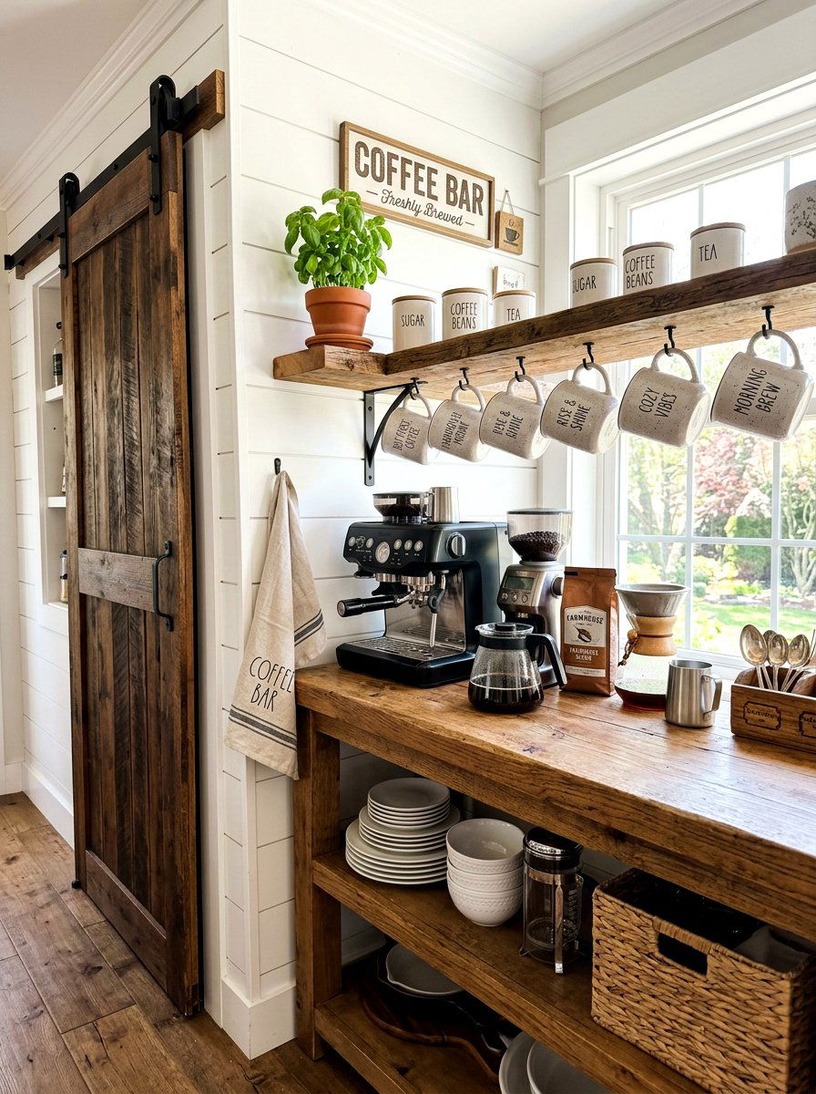 Farmhouse coffee station - 30 home cafe kitchen ideas