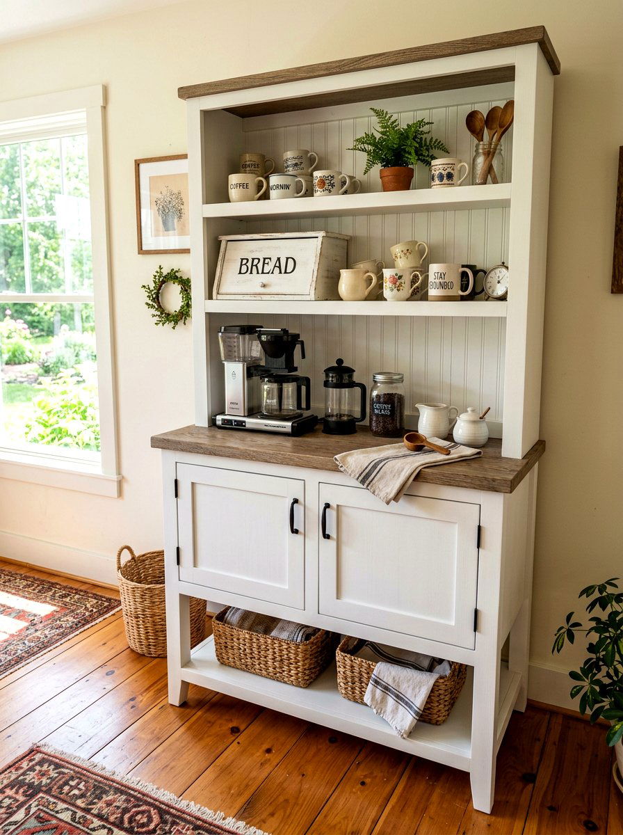 Farmhouse coffee station hutch - 30 breakfast station cabinet ideas