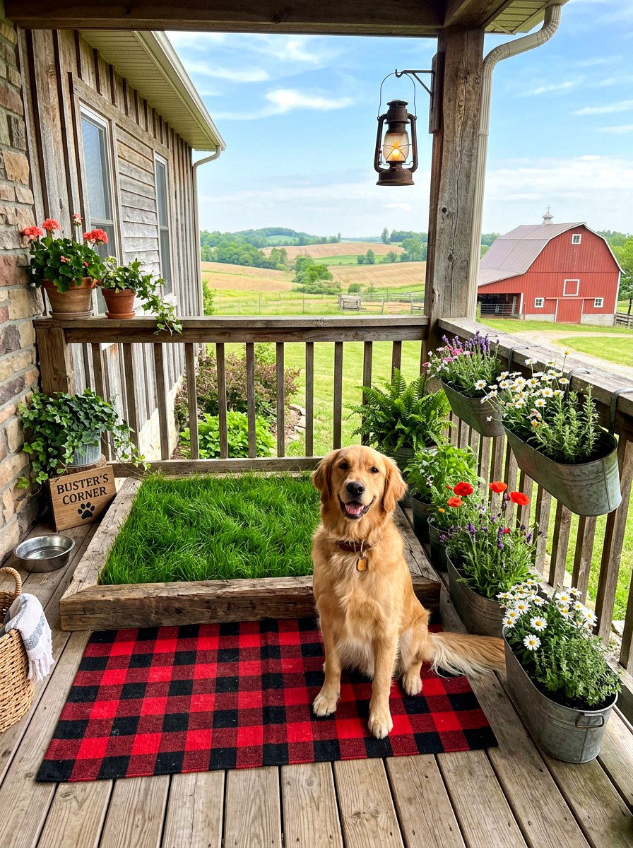 Farmhouse dog porch station - 30 balcony pet potty area ideas