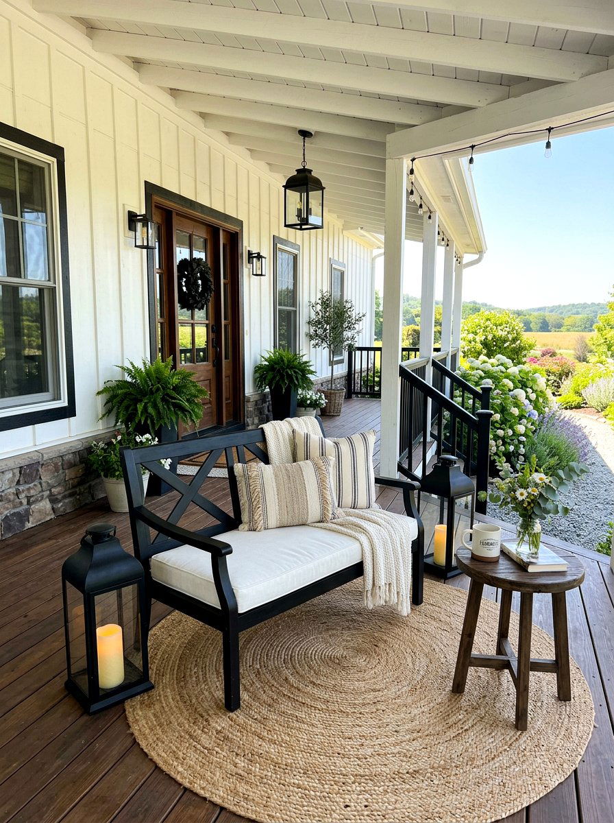 Farmhouse front porch seating - 30 loveseat porch seating ideas