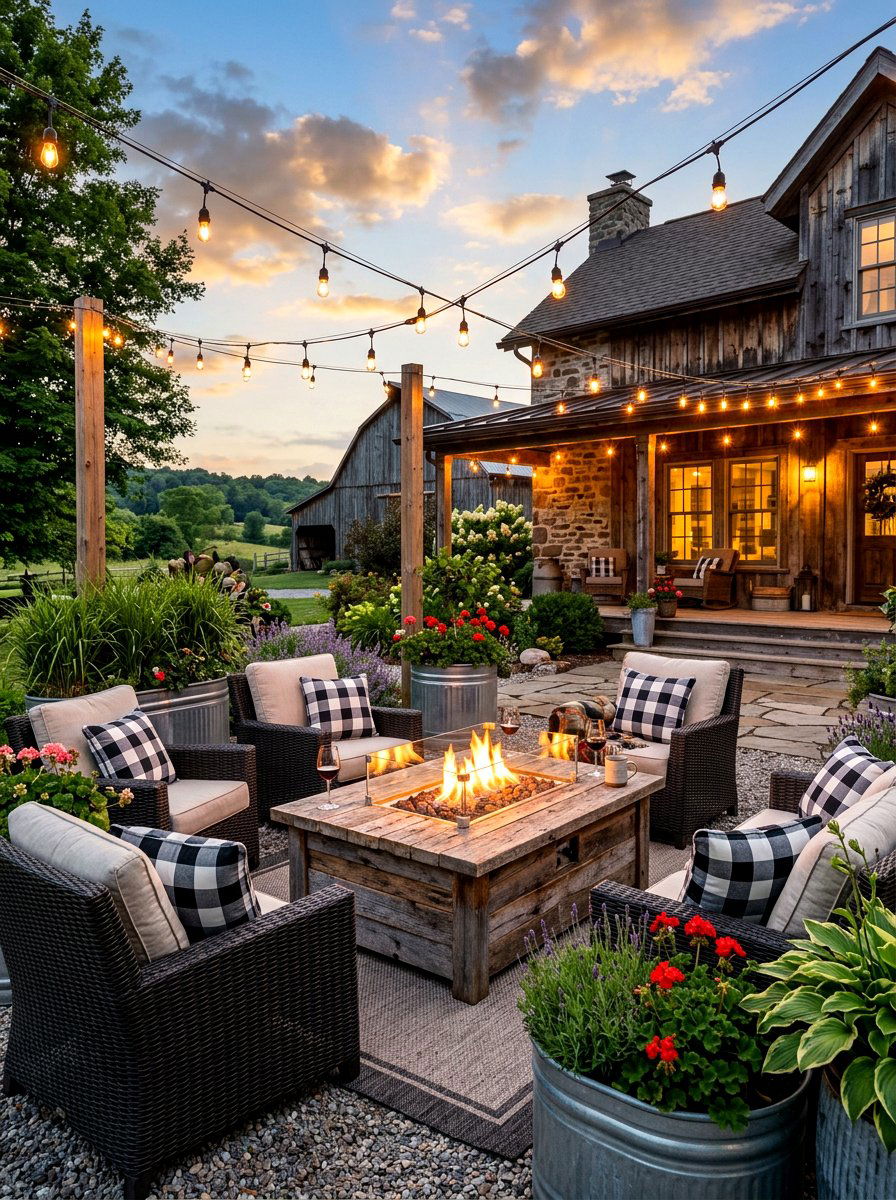 Farmhouse gas fire pit - 30 gas fire lounge patio ideas