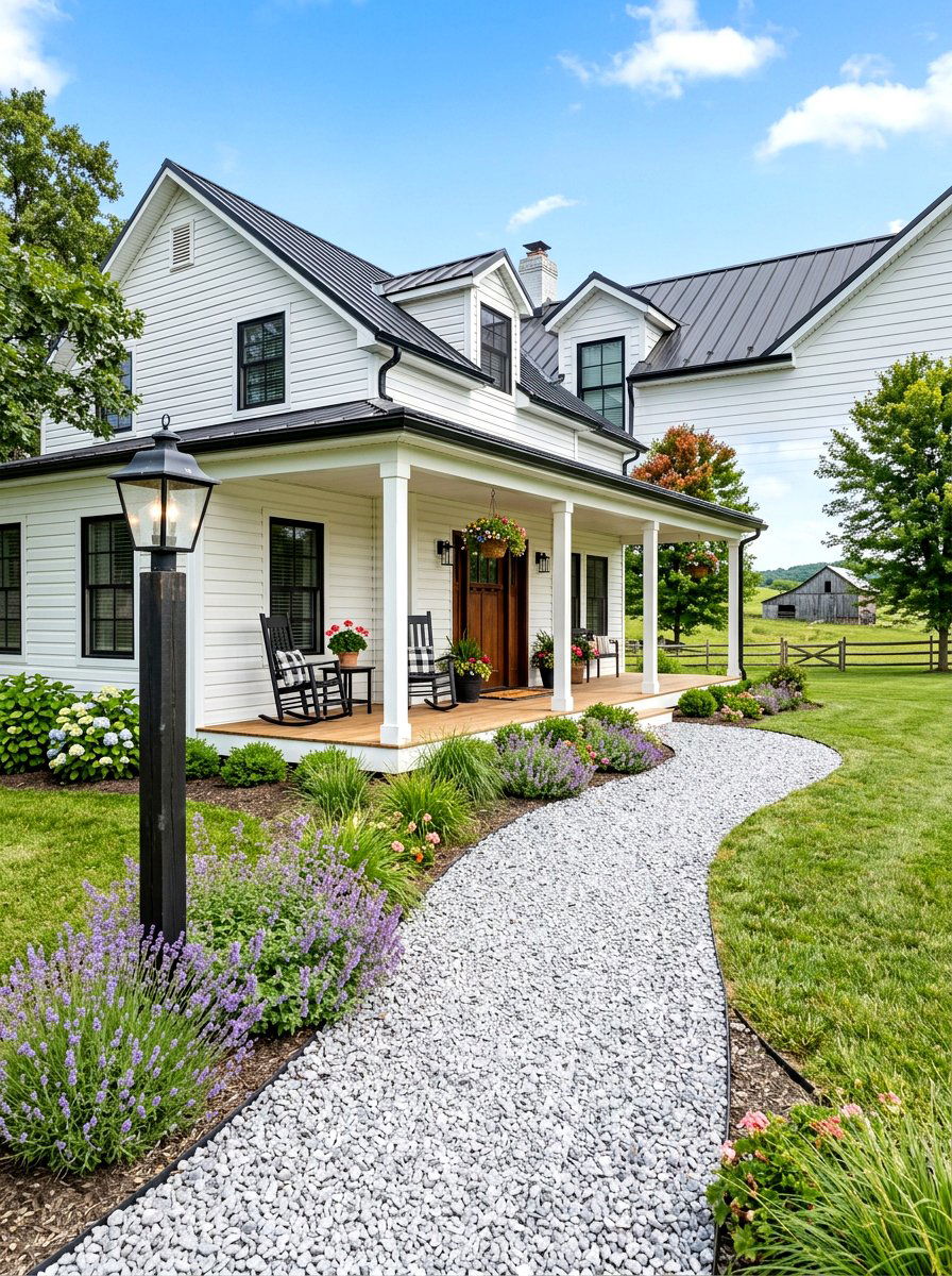 Farmhouse gravel walkway - 30 gravel path backyard ideas