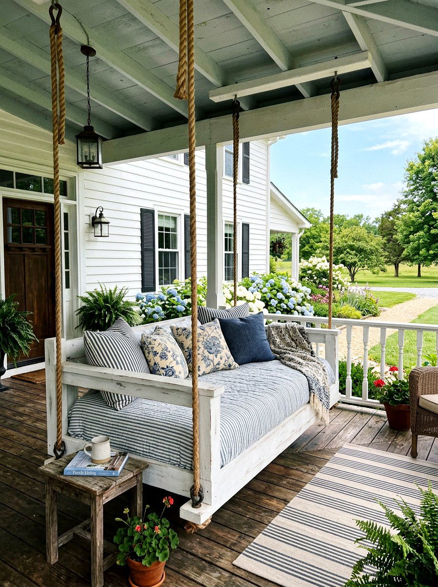 Farmhouse hanging daybed - 30 porch swing bed ideas