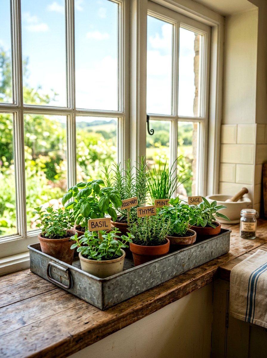 Farmhouse herb tray - 30 windowsill herb garden ideas