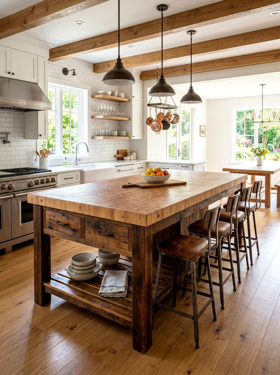 Farmhouse island table - 30 cottagecore kitchen ideas