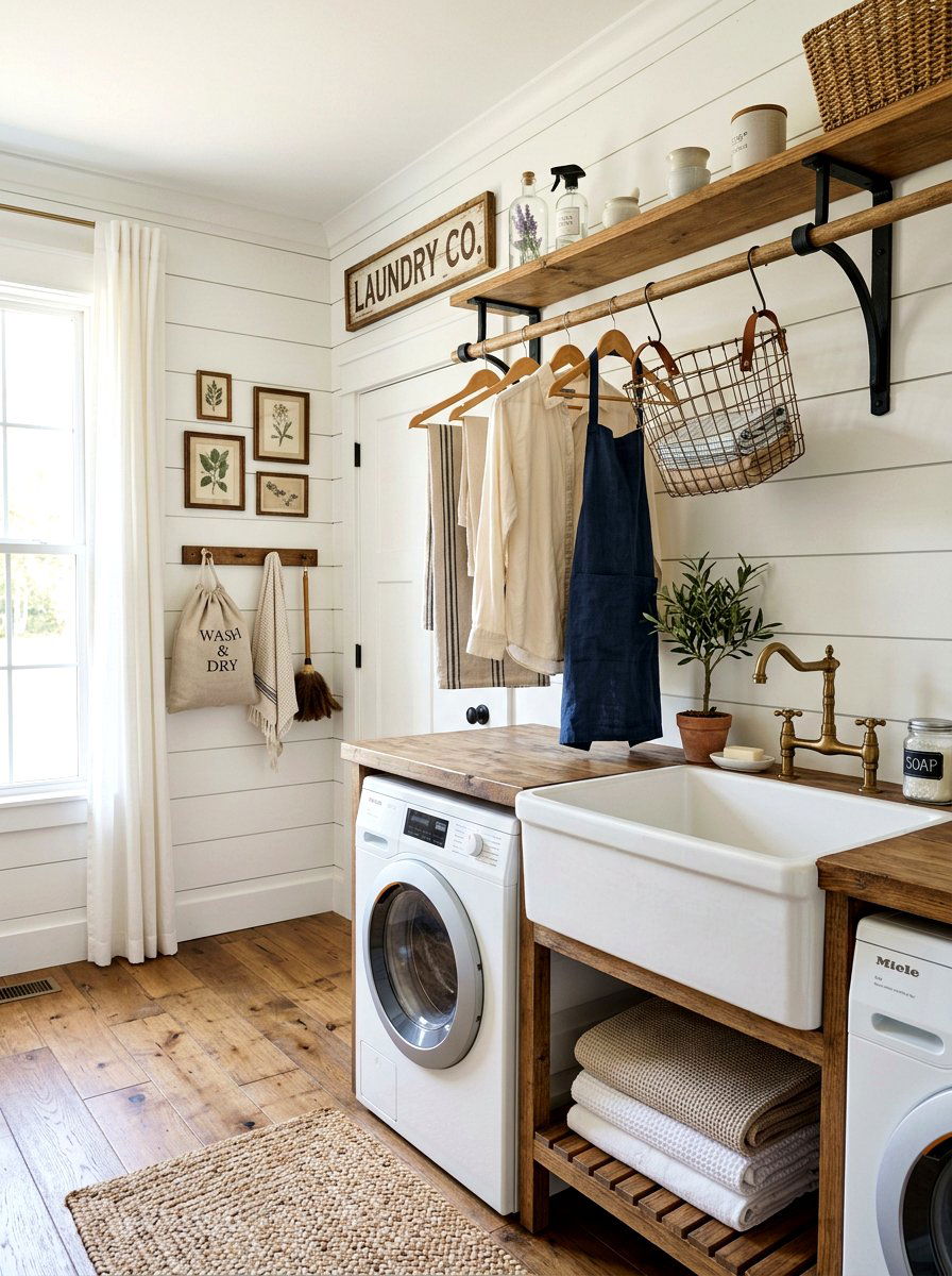 Farmhouse laundry rod with brackets - 30 laundry room hanging rod ideas