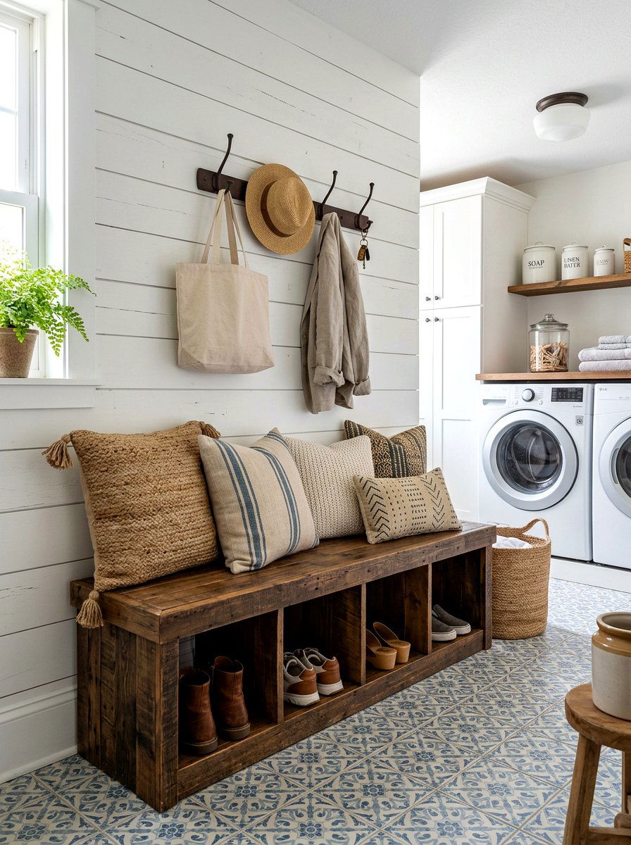 Farmhouse laundry room bench - 30 farmhouse laundry room ideas