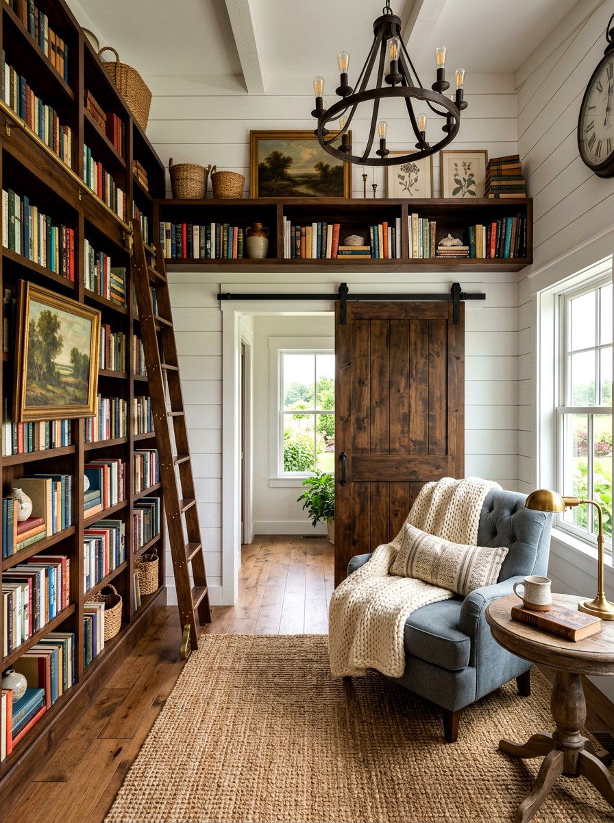 Farmhouse library shiplap wall - 30 cozy library fall ideas