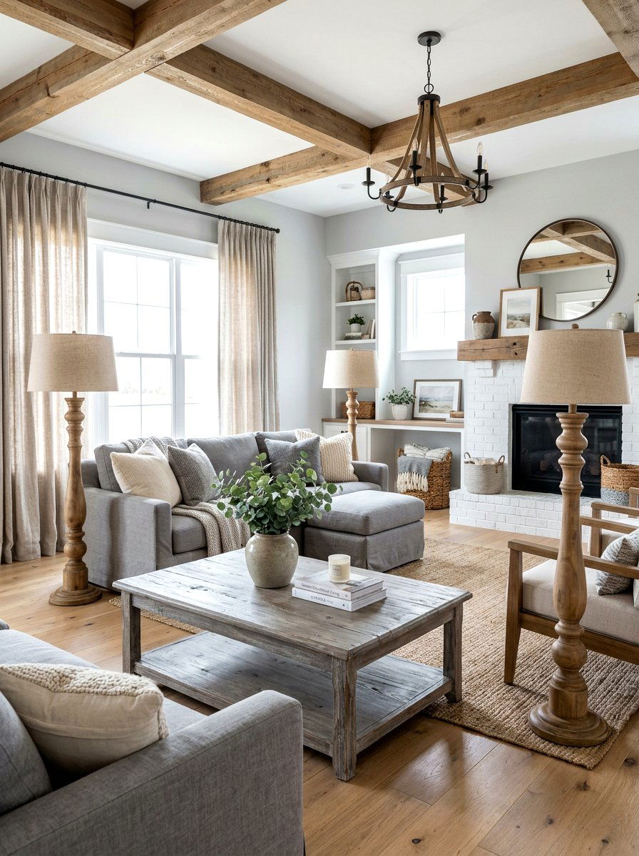 Farmhouse living room gray and wood - 30 warm gray and wood living room ideas