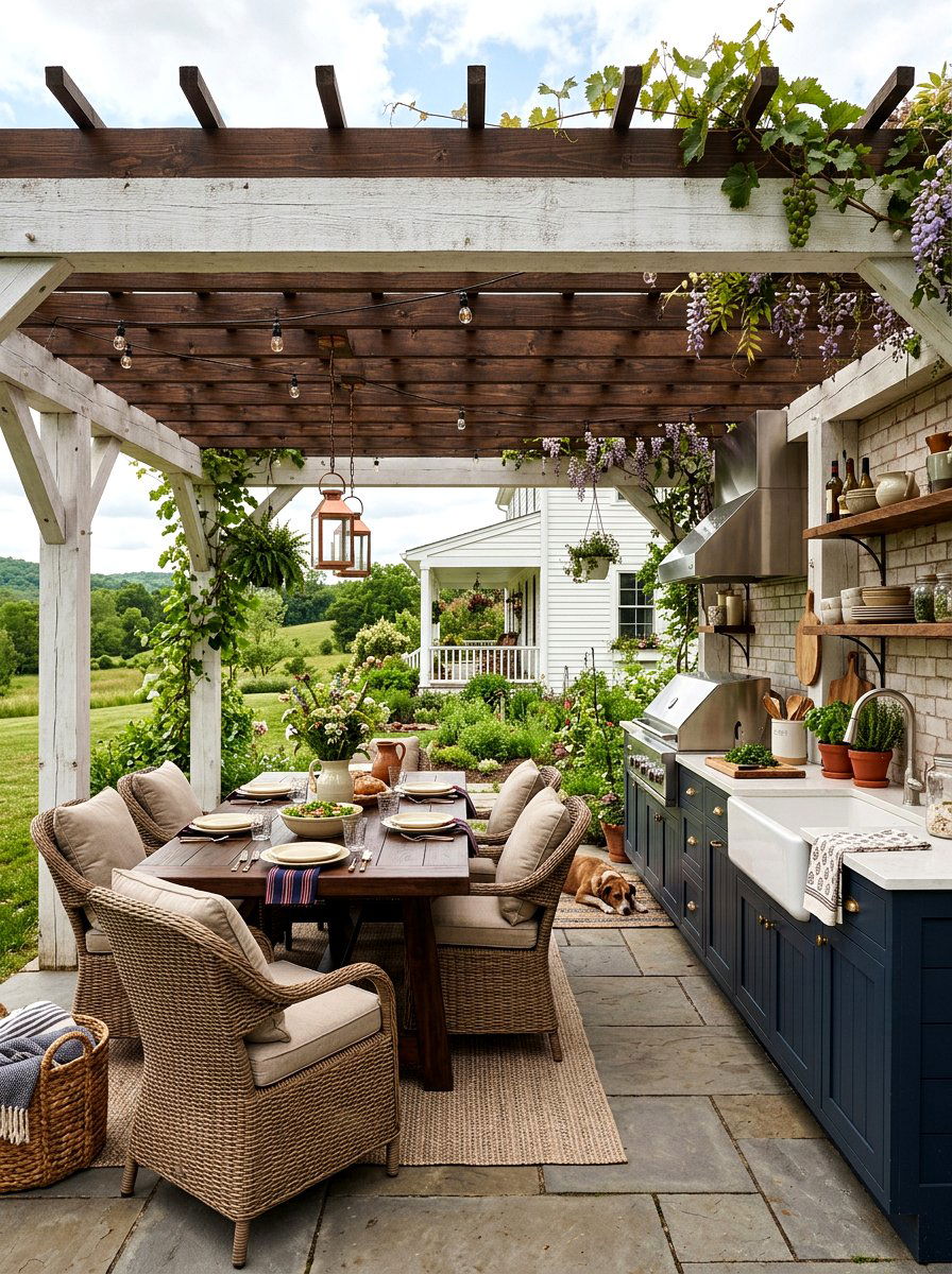 Farmhouse outdoor kitchen pergola - 30 pergola with kitchen ideas