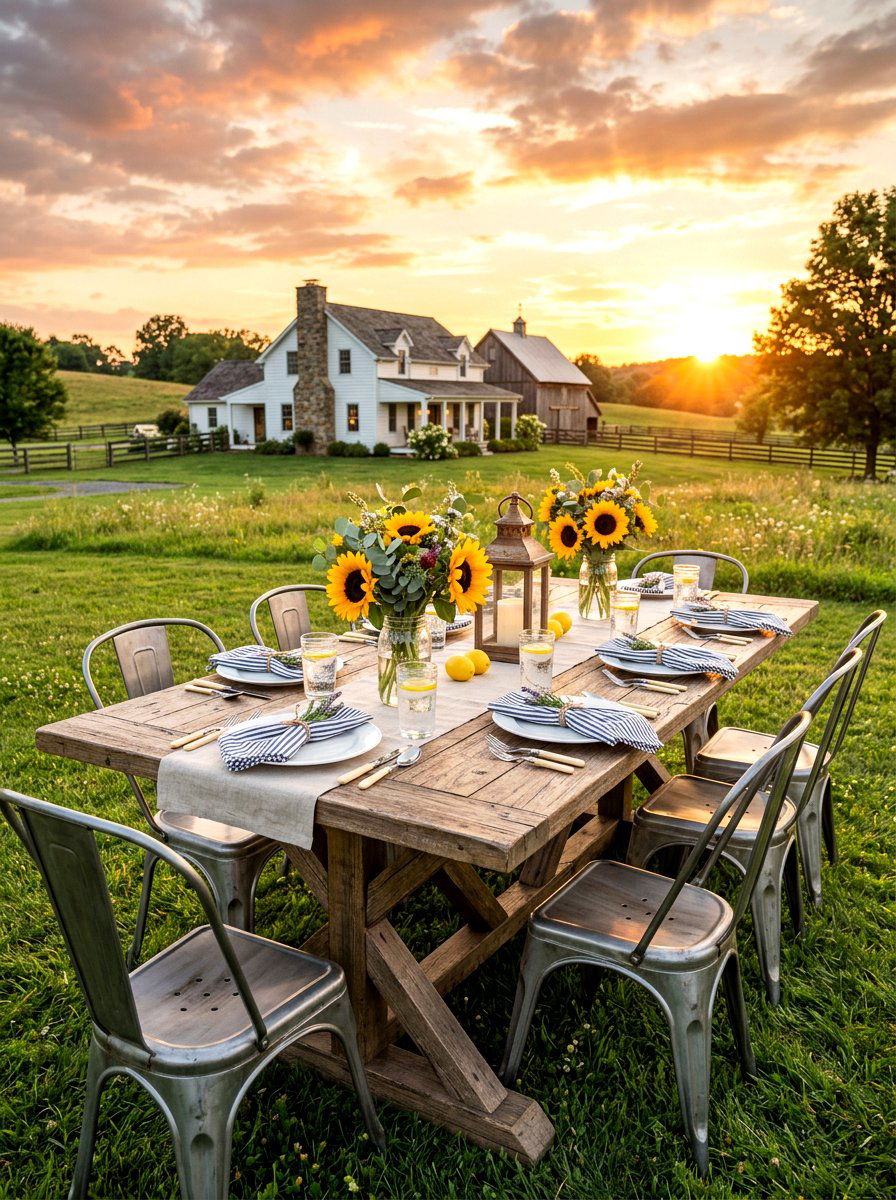 Farmhouse outdoor table setting - 30 sunset dinner table ideas