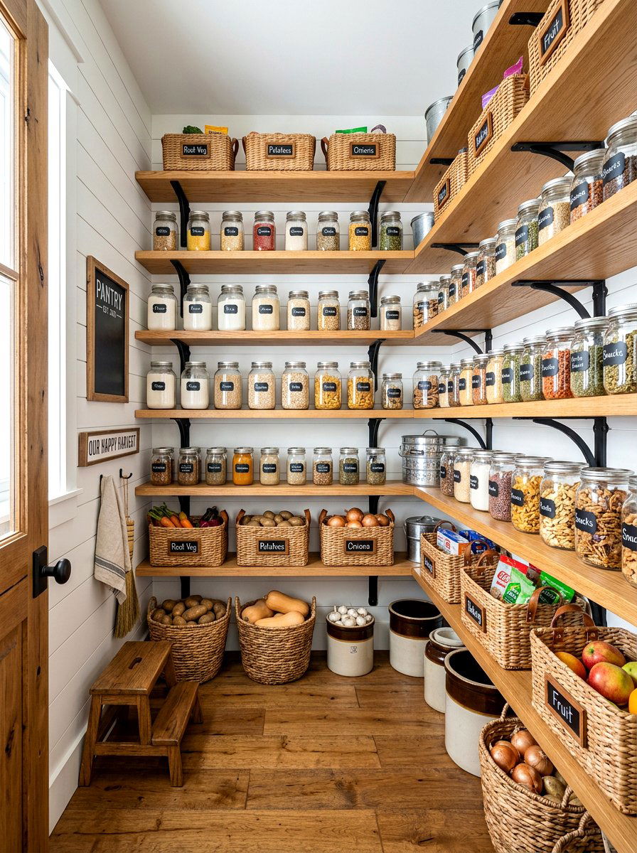 Farmhouse pantry open shelving - 30 pantry with open shelving ideas
