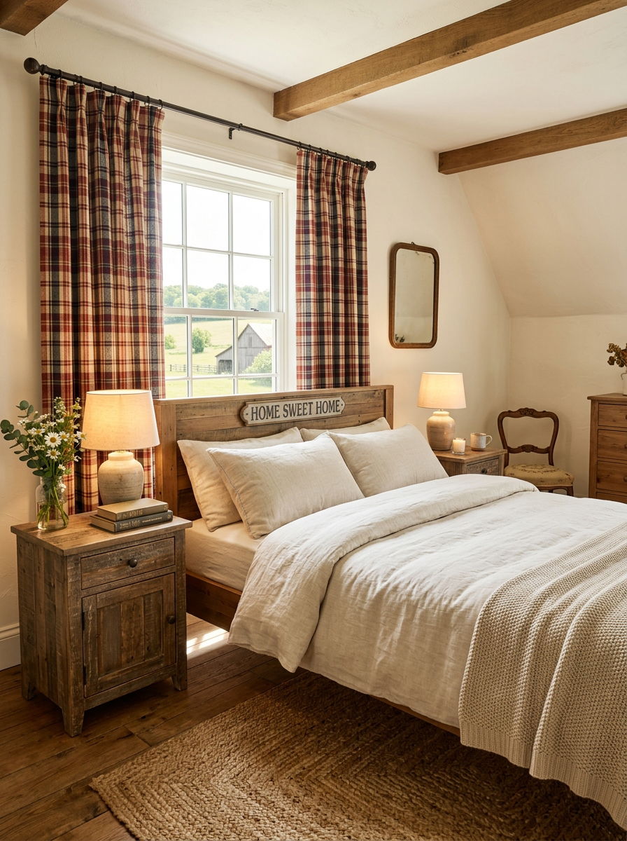 Farmhouse plaid curtains - 30 plaid bedroom ideas