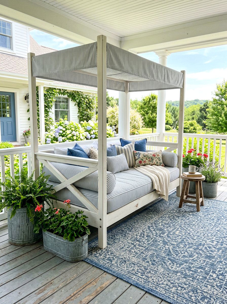 Farmhouse porch daybed - 30 outdoor daybed canopy ideas