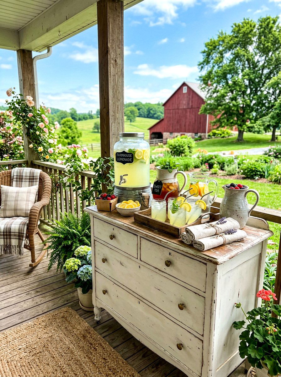 Farmhouse porch drink display - 30 lemonade patio party ideas