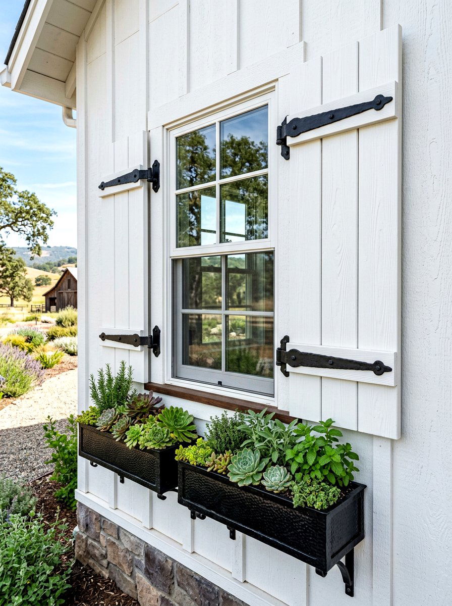 Farmhouse shutters with metal boxes - 30 shutters and flower box ideas