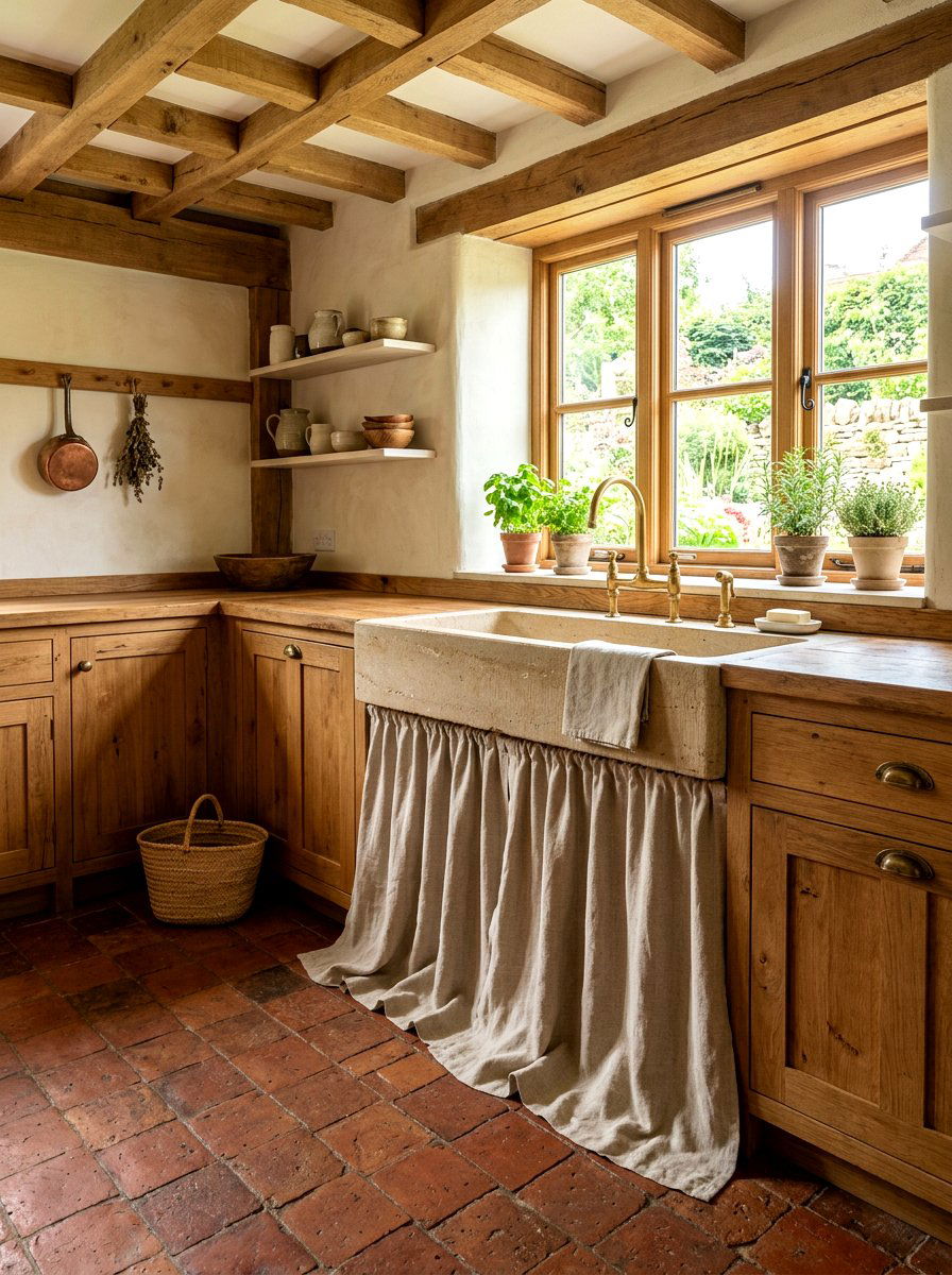 Farmhouse sink linen skirt - 30 skirted sink ideas