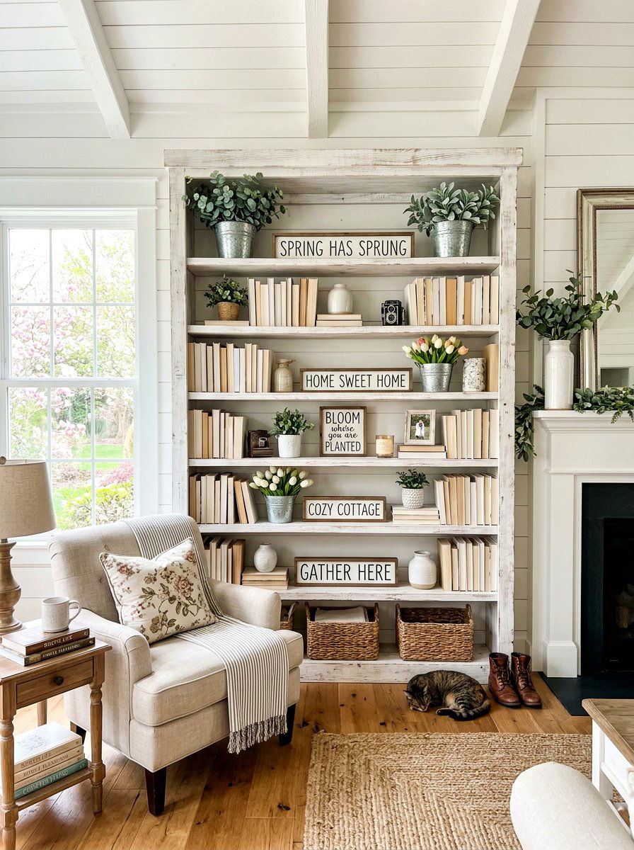 Farmhouse spring bookshelf - 30 bookshelf spring styling ideas