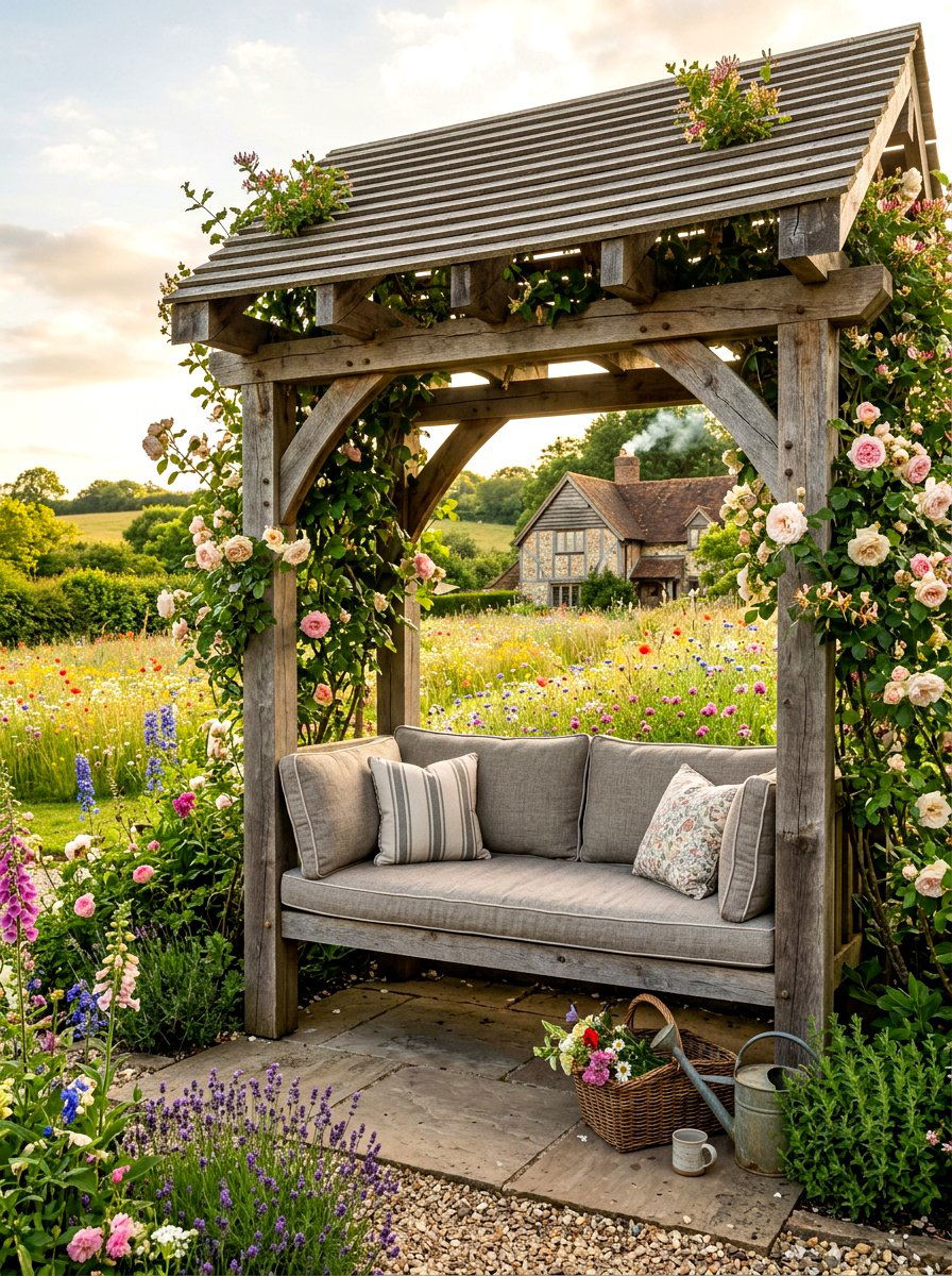 Farmhouse style arbor seat - 30 garden arbor seating ideas