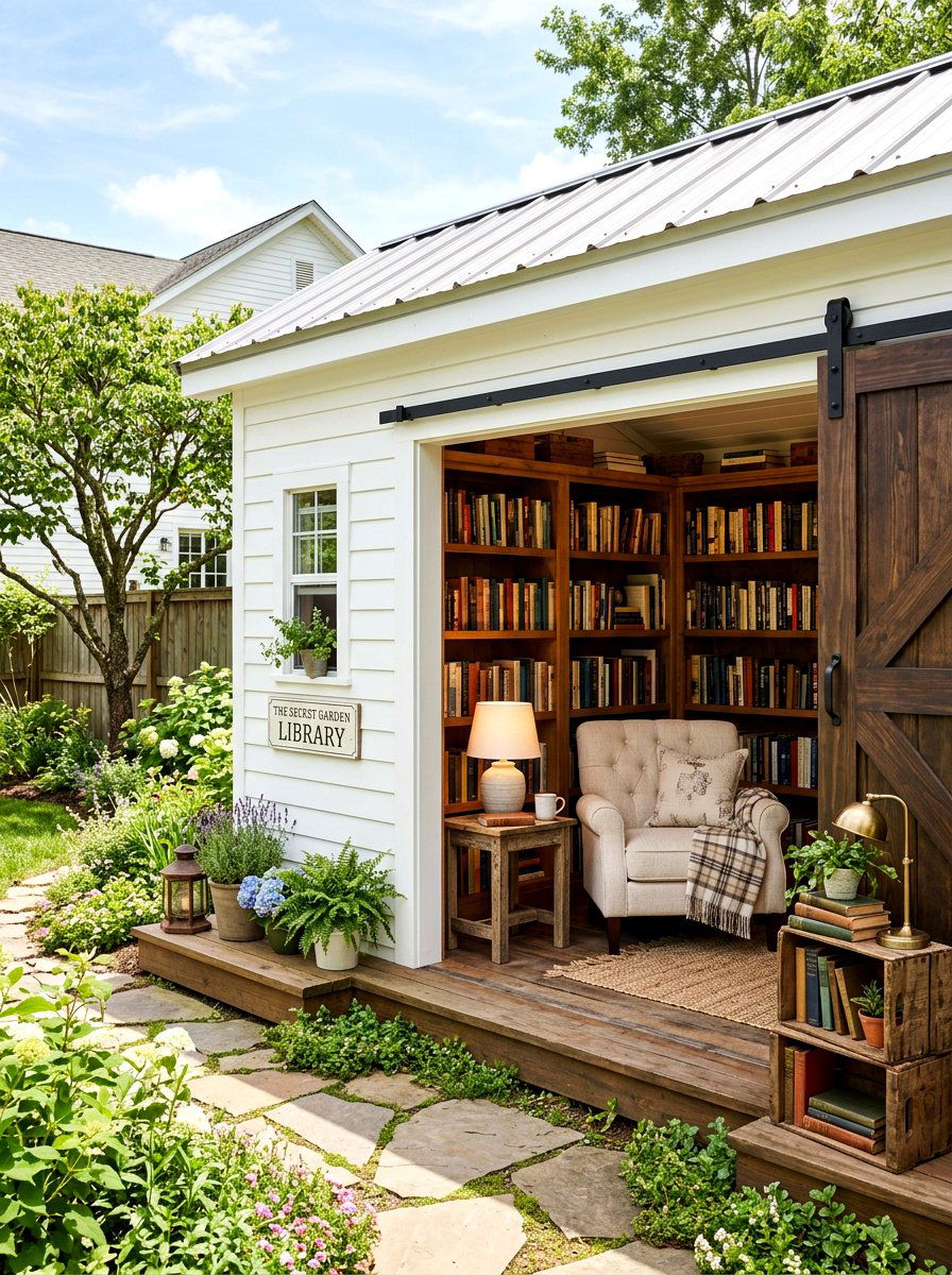 Farmhouse style backyard library - 30 reading shed ideas