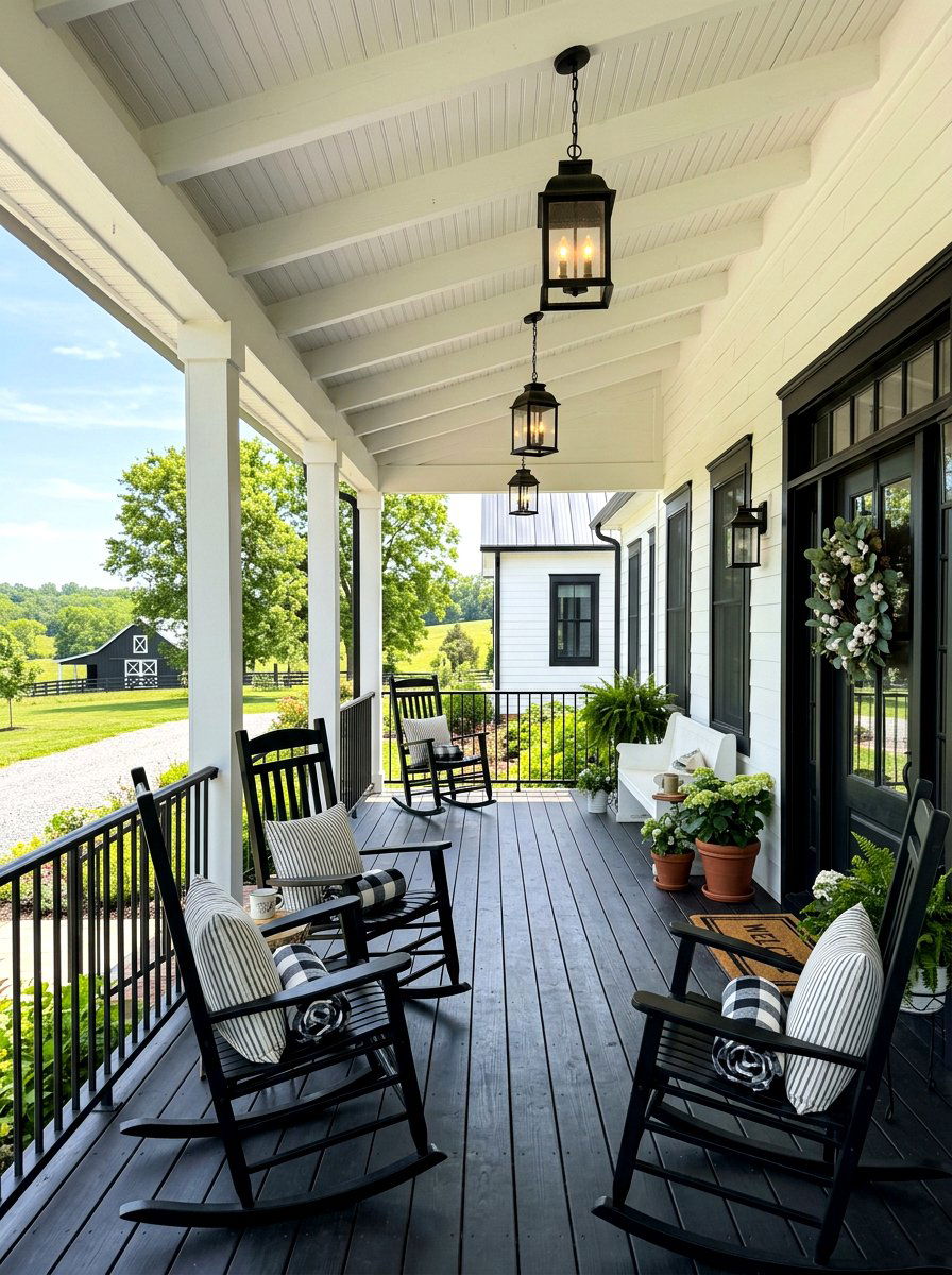 Farmhouse style black and white porch - 30 black and white patio ideas