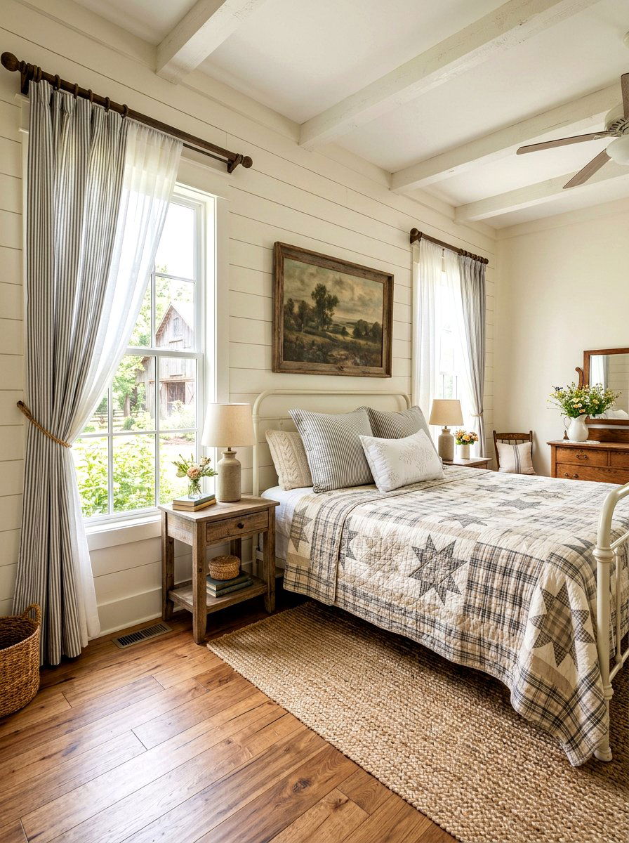 Farmhouse style curtains - 30 bedroom curtain layering ideas aesthetic