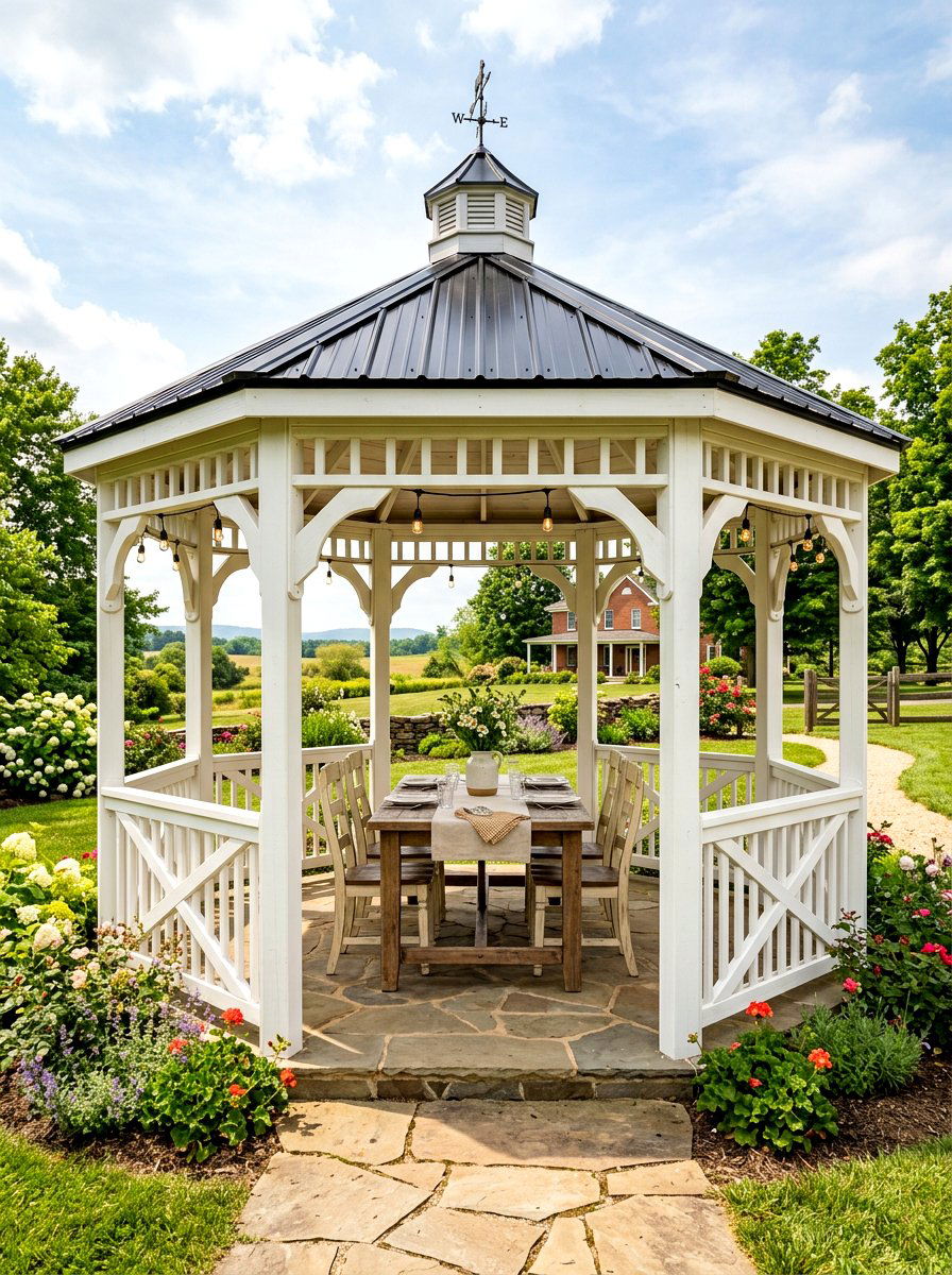 Farmhouse style gazebo - 30 hexagon gazebo ideas