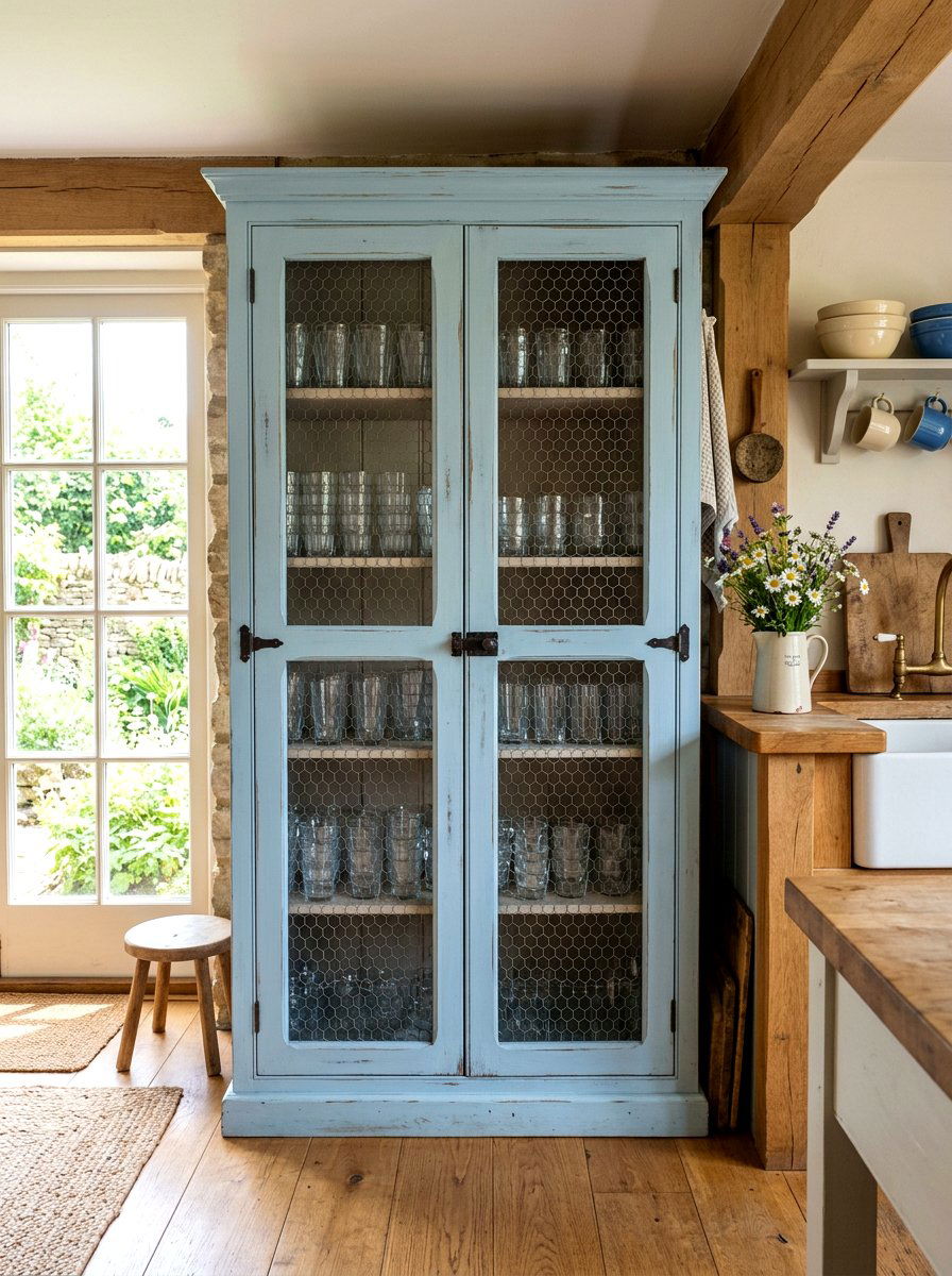 Farmhouse style glassware cupboard - 30 glassware display ideas