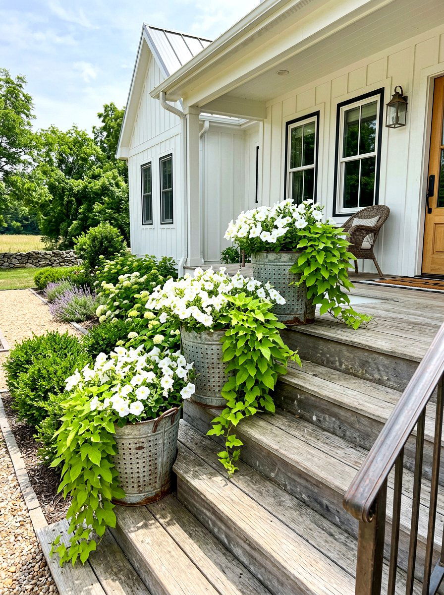Farmhouse style olive buckets - 30 porch step planter ideas