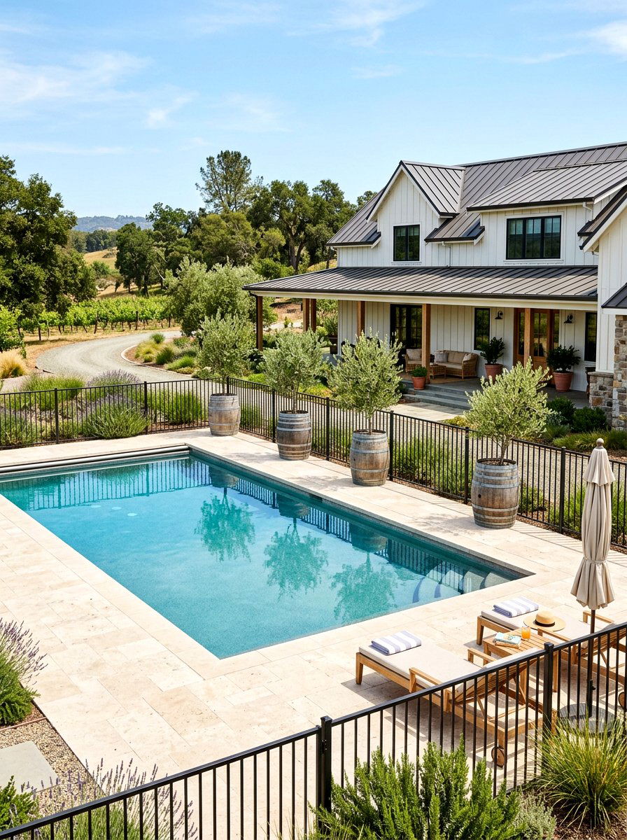 Farmhouse style pool with olive trees - 30 poolside olive trees ideas