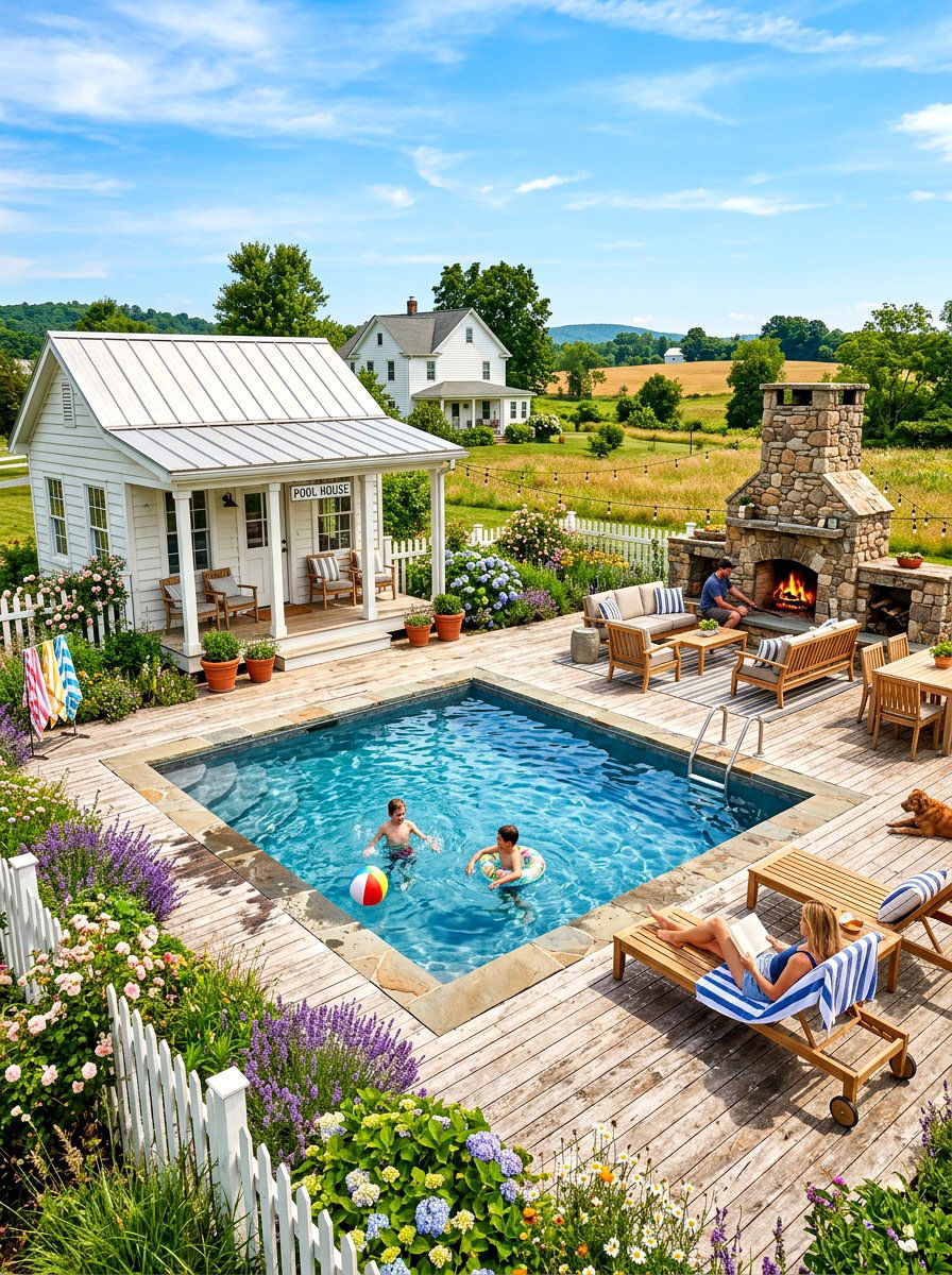 Farmhouse style pool - 30 backyard oasis pool ideas