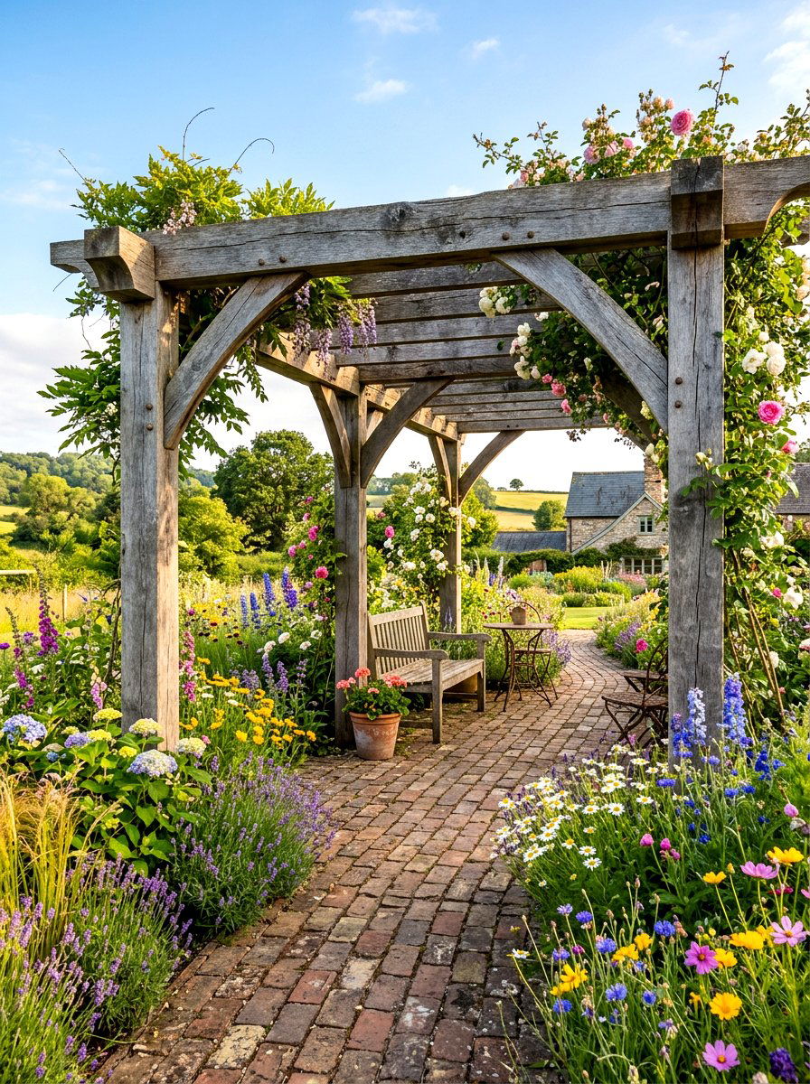 Farmhouse style reclaimed wood pergola - 30 pergola walkway ideas