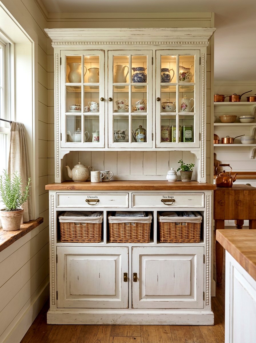 Farmhouse style tea cupboard - 30 tea corner ideas