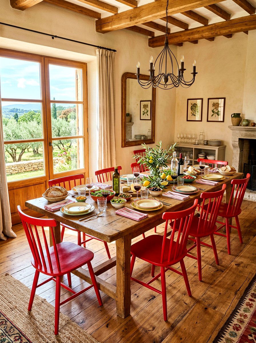 Farmhouse table with red chairs - 30 tomato girl kitchen ideas