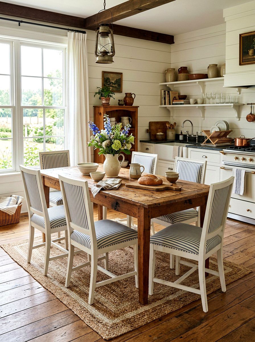 Farmhouse ticking stripe dining chair - 30 striped dining chair ideas