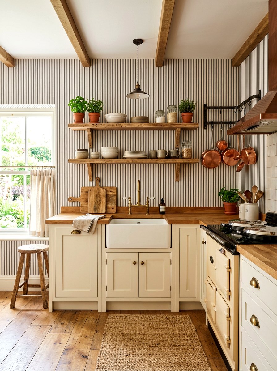 Farmhouse ticking stripe kitchen - 30 striped kitchen wallpaper ideas