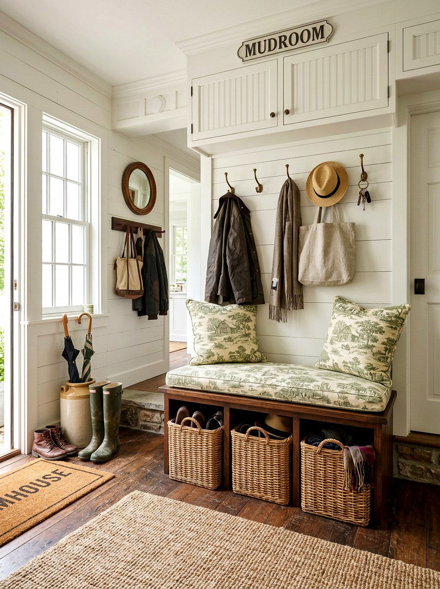 Farmhouse toile mudroom - 30 toile decor ideas