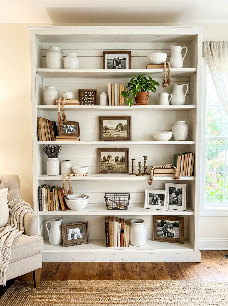 Farmhouse white bookshelf - 30 bookshelf styling living room ideas