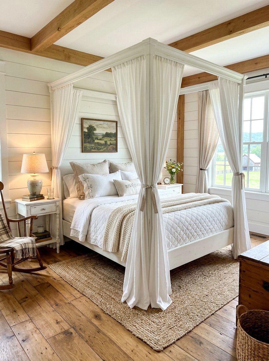 Farmhouse white canopy bed - 30 draped canopy bed ideas