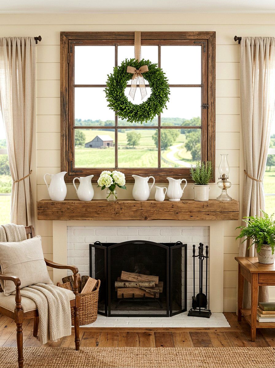 Farmhouse window frame - 30 mantel decor ideas
