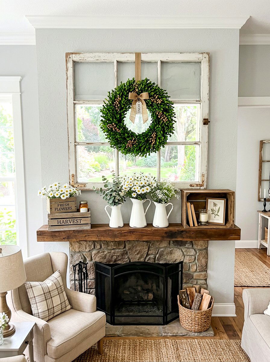 Farmhouse window pane mantel - 30 spring mantel decor ideas